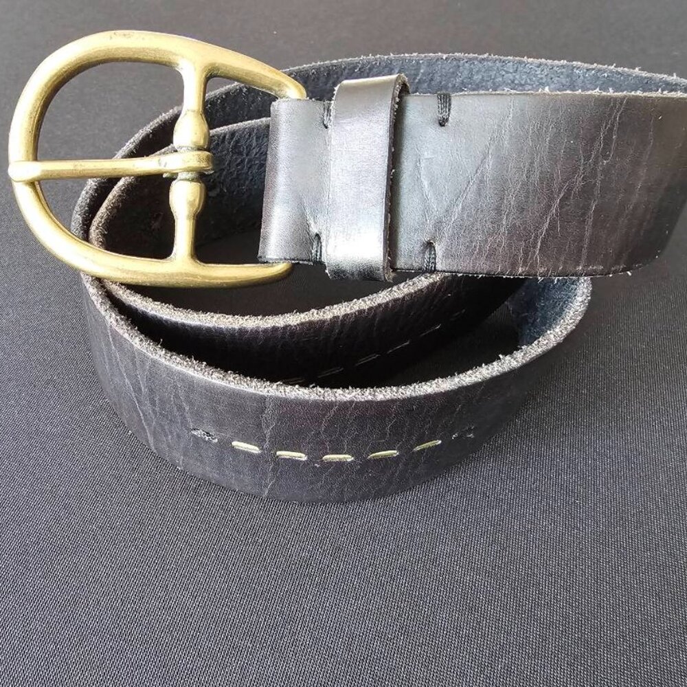 Lucky Brand Women's Black Leather Belt, Size 32, Gold Beaded Design, Brass Buckl